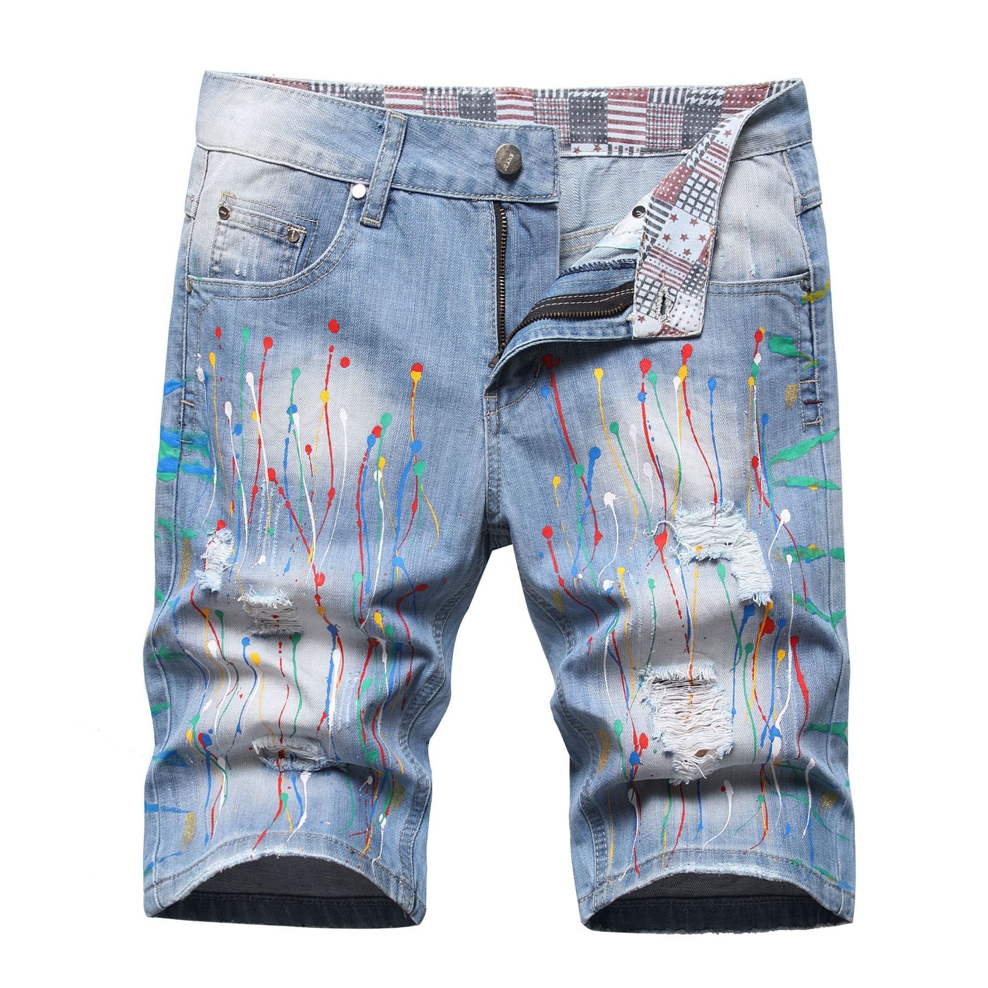 Hip Hop Style Hand-tied Color Ripped Denim Middle Pants Men - Bellarte Enchanté Hip Hop Style Hand-tied Color Ripped Denim Middle Pants Men